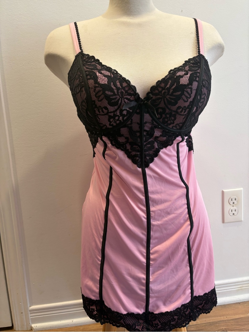La Vie En Rose Pink Slip with Black Lace Trim